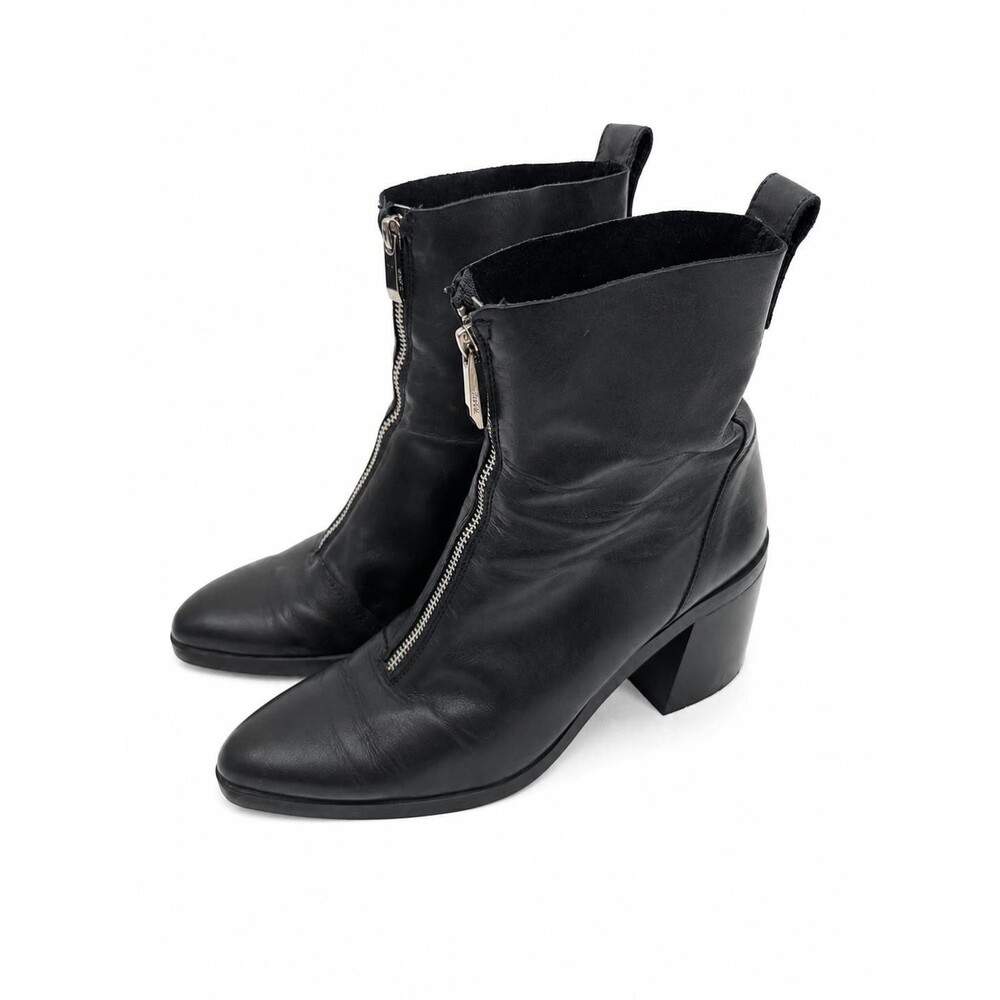 Zara Trafaluc Womens Black Leather Front Zip Ankle Boots Block Heel US 10 EU 41